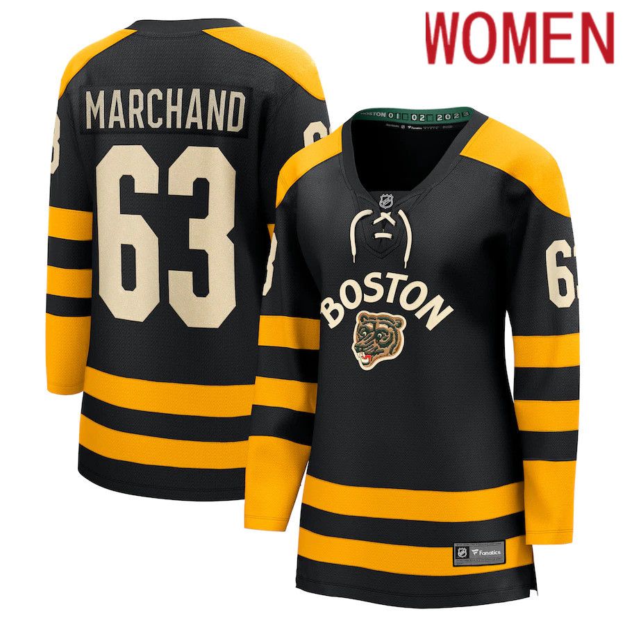 Women Boston Bruins 63 Brad Marchand Fanatics Branded Black 2023 Winter Classic Player NHL Jersey